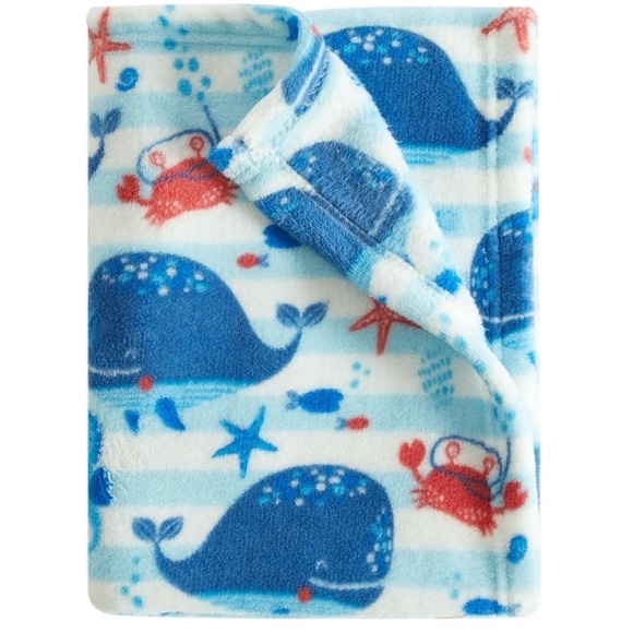White blue stripe Whales Sea Horses Crabs plush throw blanket - Picture 5 of 5